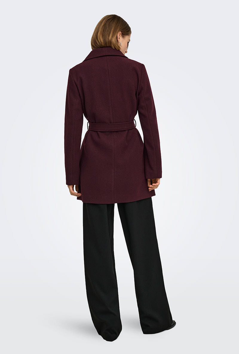 Back image of a model wearing Trish wrap coat in chocolate, by brand Only