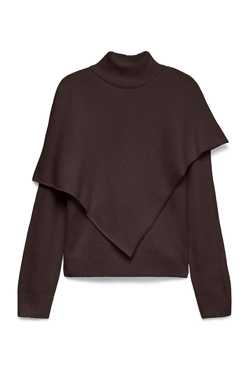Front image of Camila ls cape higneck pullover in chocolate, by brand Vero moda