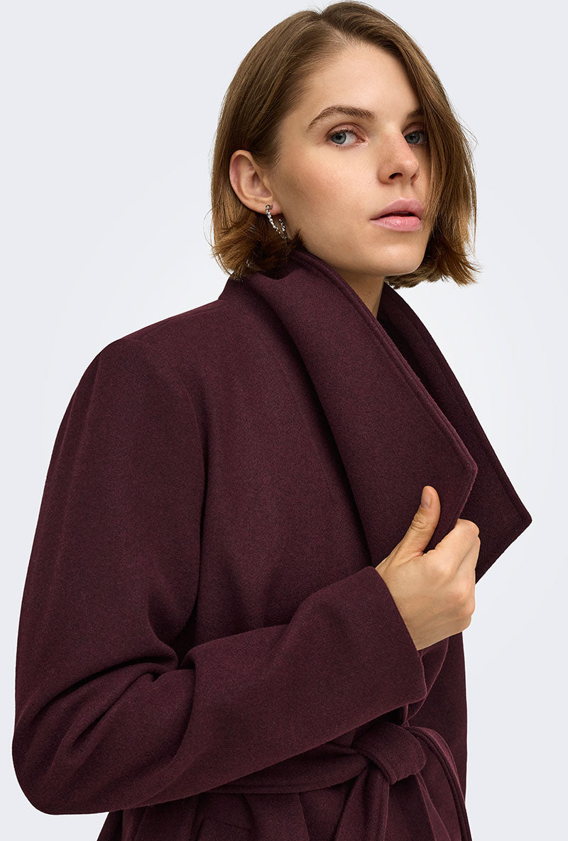 Front image of a model wearing Trish wrap coat in chocolate, by brand Only
