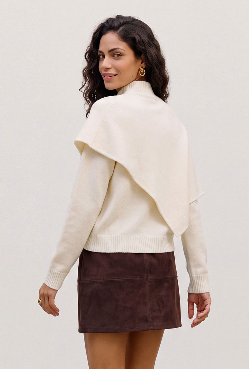 Back image of a model wearing Camila ls cape higneck pullover in cream, by brand Vero moda