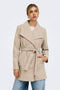 Front image of a model wearing Trish wrap coat in light brown, by brand Only