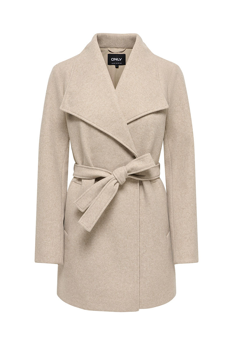 Front image of Trish wrap coat in light brown, by brand Only