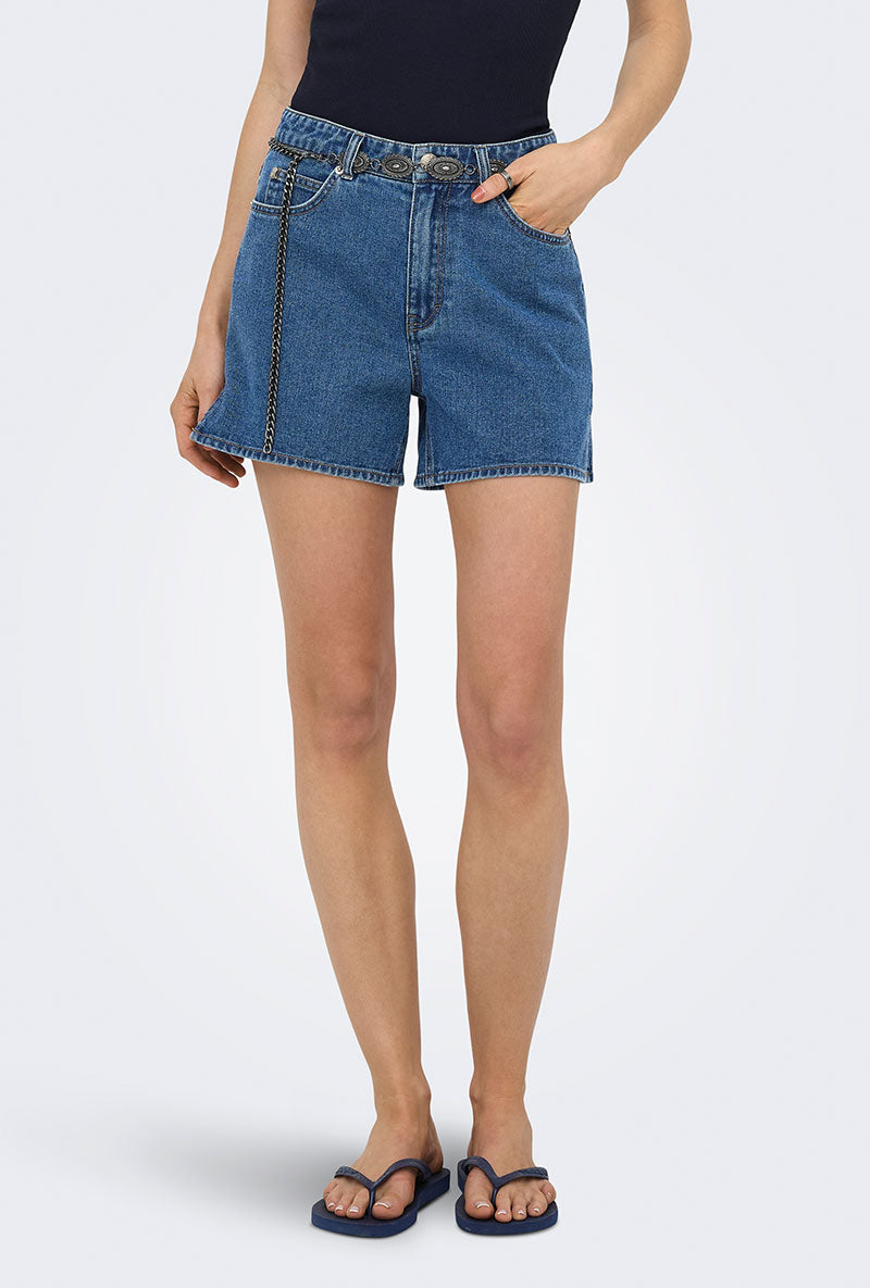 Front image of a model wearing Vega mw west belt denim shorts in denim, by brand Only