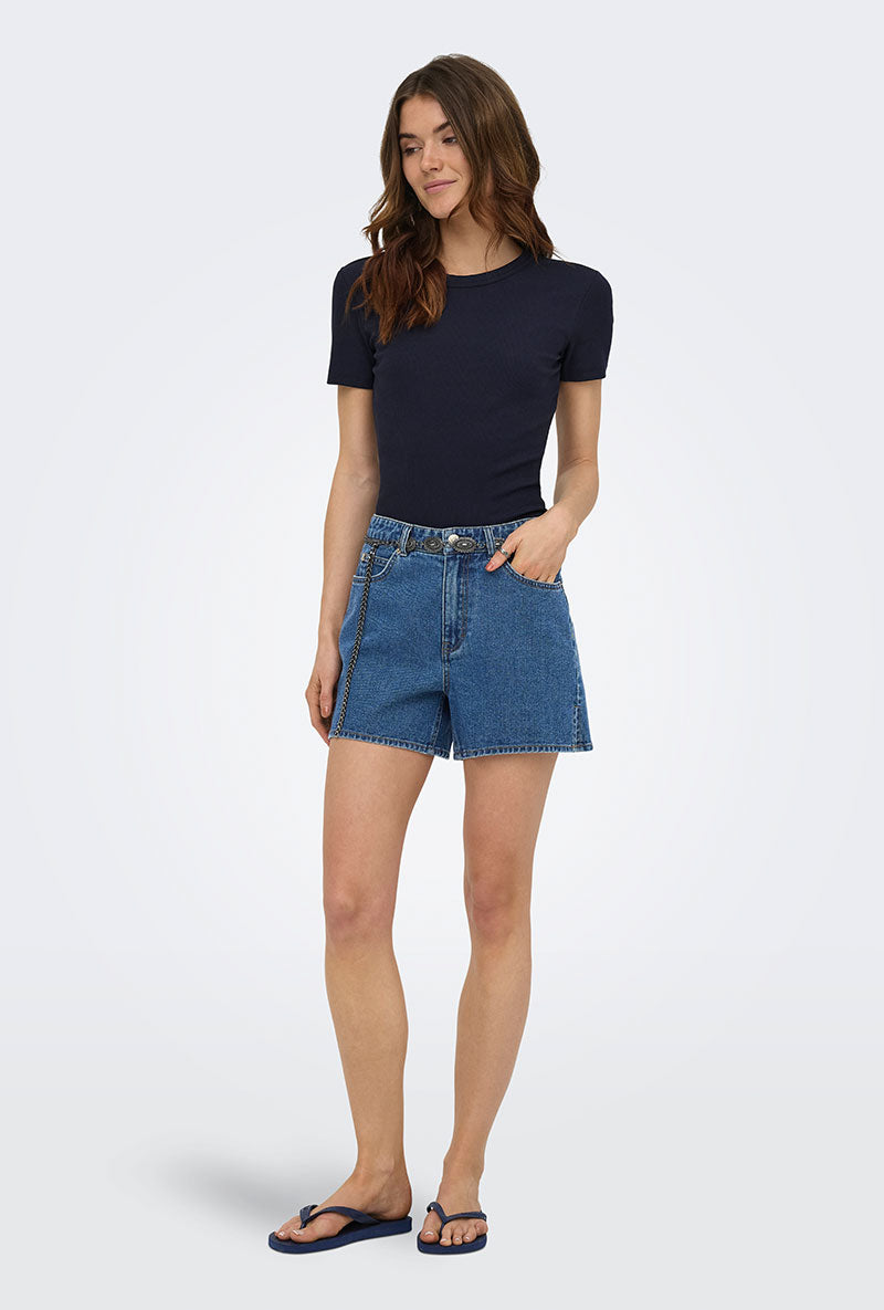 Front image of a model wearing Vega mw west belt denim shorts in denim, by brand Only