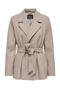 Front image of the Vilda short wrap coat in light brown, by brand Only
