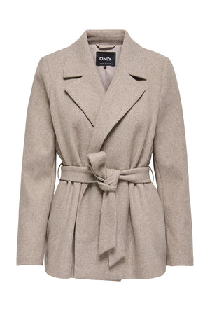 Front image of the Vilda short wrap coat in light brown, by brand Only