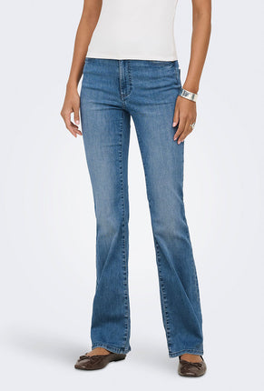 Front image of a model wearing Wauw hw flared jeans in denim, by brand Only
