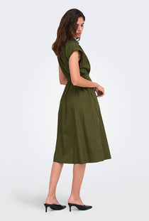 Back image of a model wearing the Willy cap sleeve midi dress in olive, by brand Jacqueline de yong