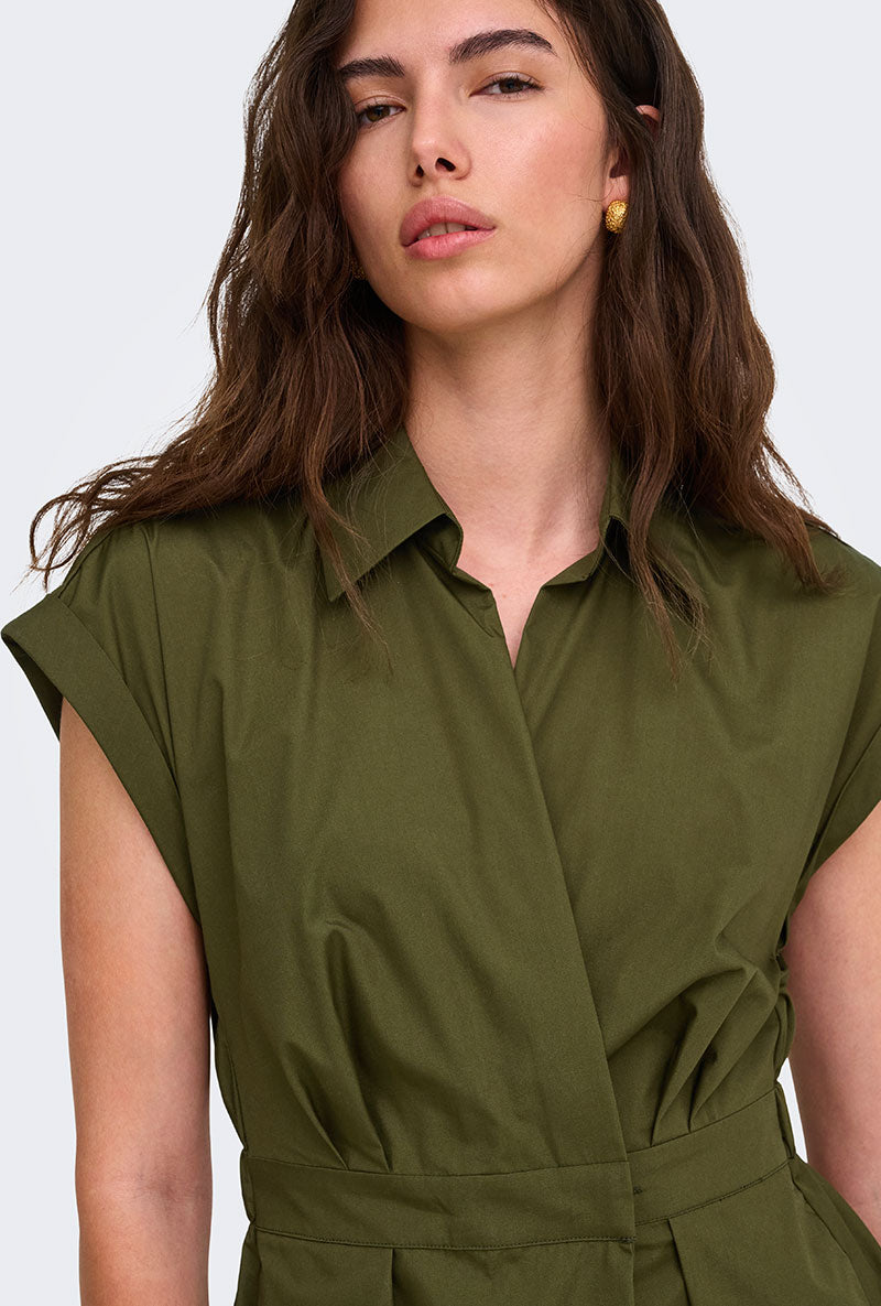 Front image of a model wearing Willy cap sleeve midi dress in olive, by brand Jacqueline de yong