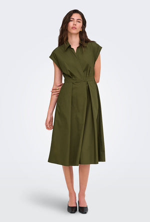 Front image of a model wearing the Willy cap sleeve midi dress in olive, by brand Jacqueline de yong
