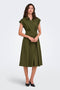 Front image of a model wearing the Willy cap sleeve midi dress in olive, by brand Jacqueline de yong