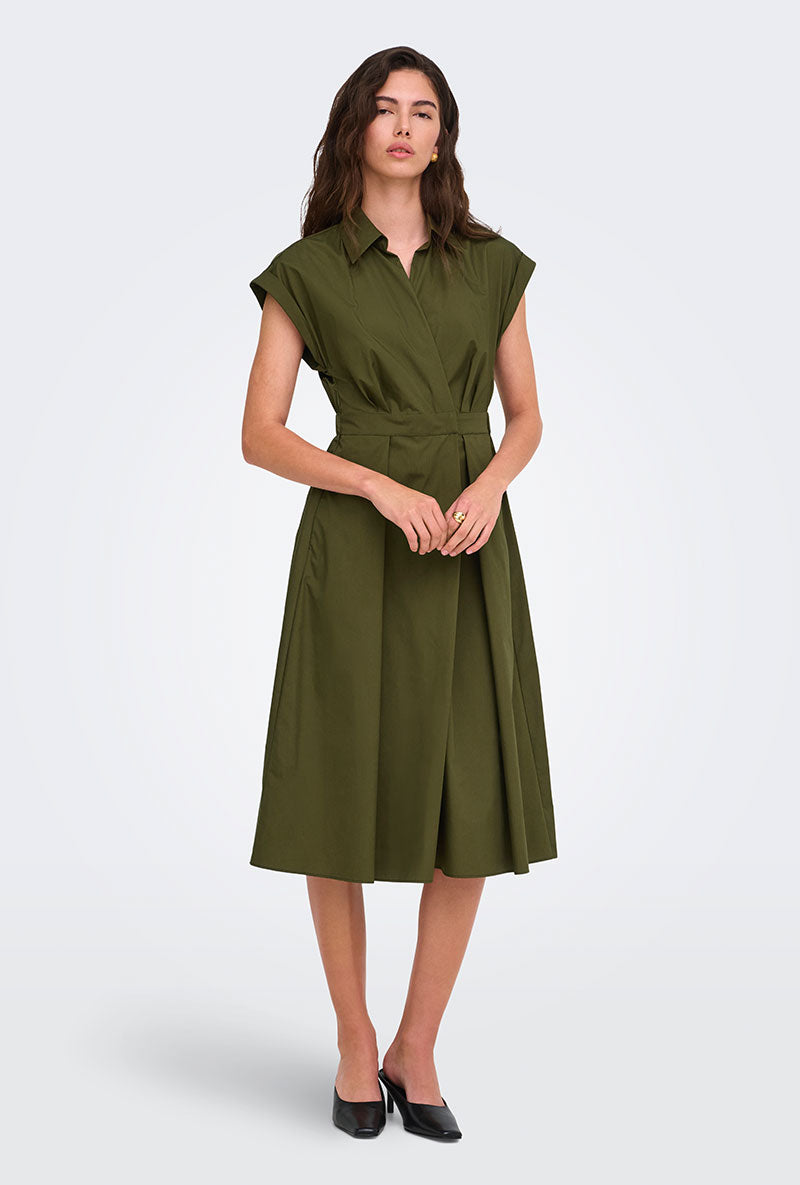 Front image of a model wearing Willy cap sleeve midi dress in olive, by brand Jacqueline de yong