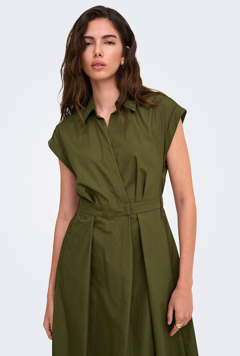 Front image of a model wearing Willy cap sleeve midi dress in olive, by brand Jacqueline de yong
