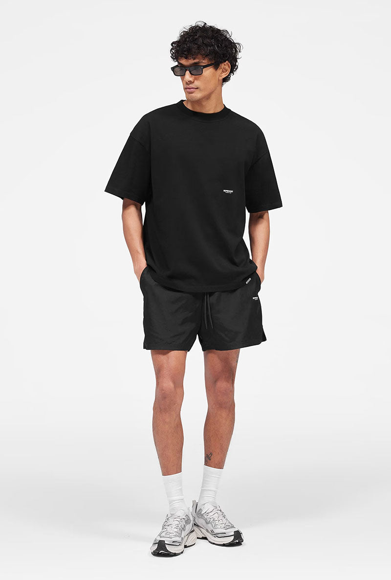 Front image of a model wearing Micro owners club swimshorts in black, by brand Represent