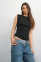 Front image of a model wearing Adela sl rib boyfriend tank top in black, by brand Top shop