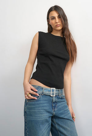 Front image of a model wearing the Adela sl rib boyfriend tank top in black, by brand Top shop