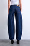 Back image of a model wearing the Barrel hr denim jeans in dark denim, by brand Top shop