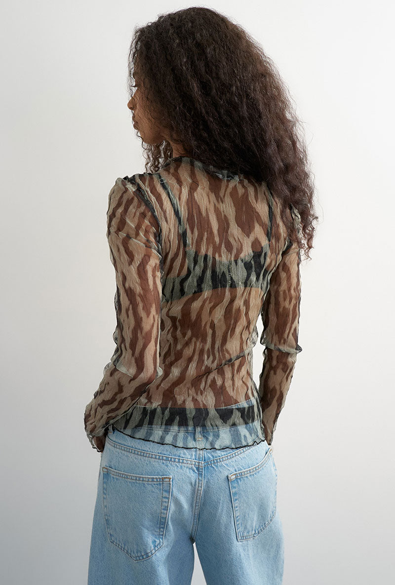 Back image of a model wearing Beate ls crewneck mesh top in black, by brand Top shop