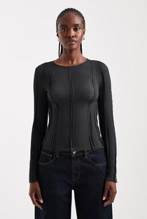 Front image of a model wearing the Belma l/s oneck sheer top in black, by brand Top shop