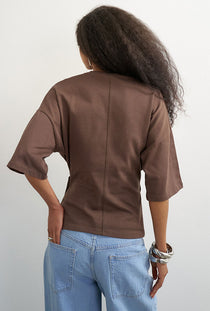 Back image of a model wearing the Betja ss wrap tshirt in chocolate, by brand Top shop