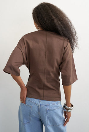 Back image of a model wearing the Betja ss wrap tshirt in chocolate, by brand Top shop