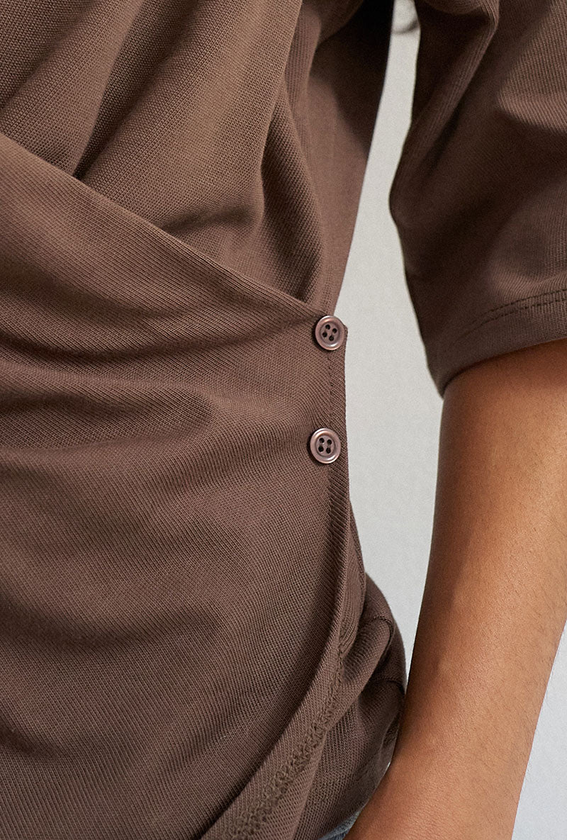 Front detail image of a model wearing Betja ss wrap tshirt in chocolate, by brand Top shop