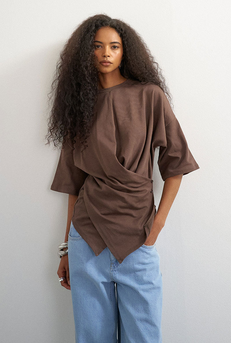 Front image of a model wearing Betja ss wrap tshirt in chocolate, by brand Top shop