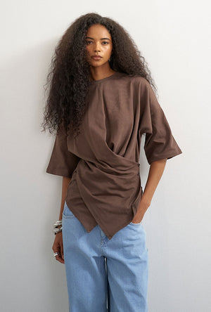 Front image of a model wearing the Betja ss wrap tshirt in chocolate, by brand Top shop