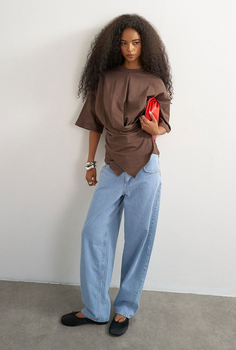 Front image of a model wearing Betja ss wrap tshirt in chocolate, by brand Top shop