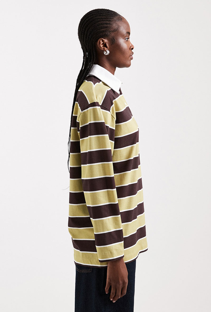 Side view image of a model wearing Bibs ls stripe polo top in green, by brand Top shop