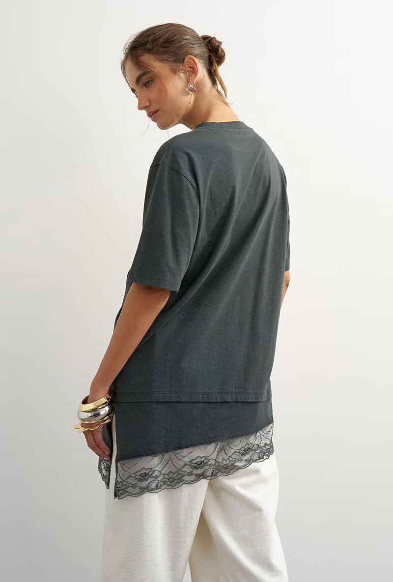 Back image of a model wearing Brit ss lace floral tee in black, by brand Top shop