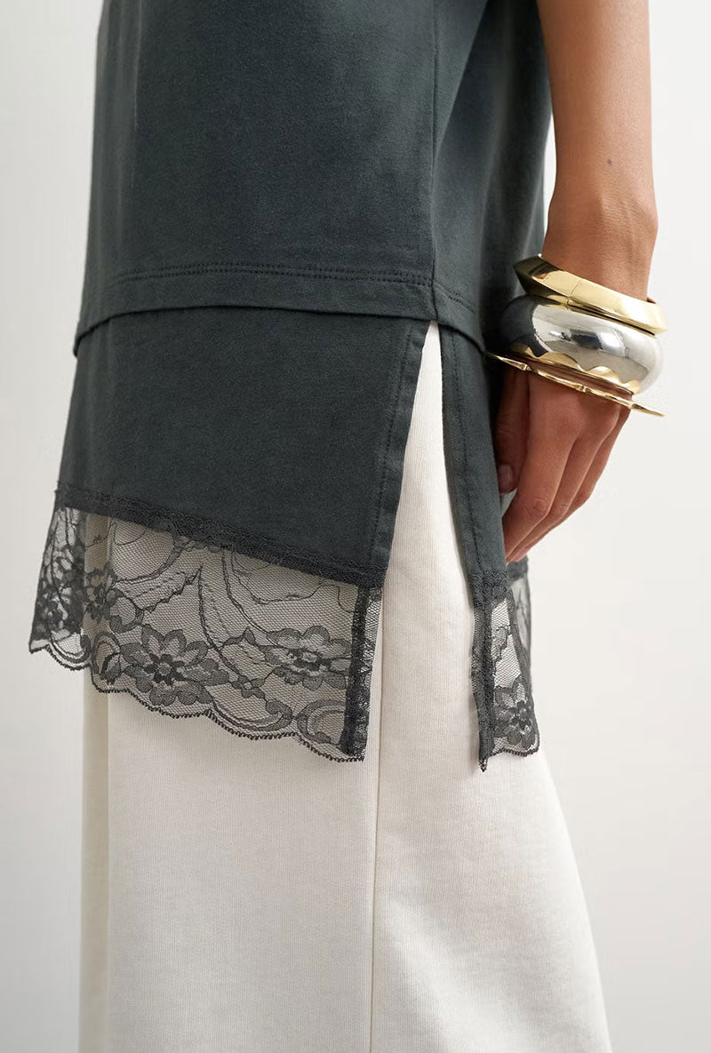 Front detail image of a model wearing Brit ss lace floral tee in black, by brand Top shop