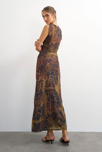 Back image of a model wearing the Caisa mesh check maxi dress in brown, by brand Top shop