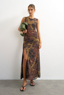 Front image of a model wearing the Caisa mesh check maxi dress in brown, by brand Top shop