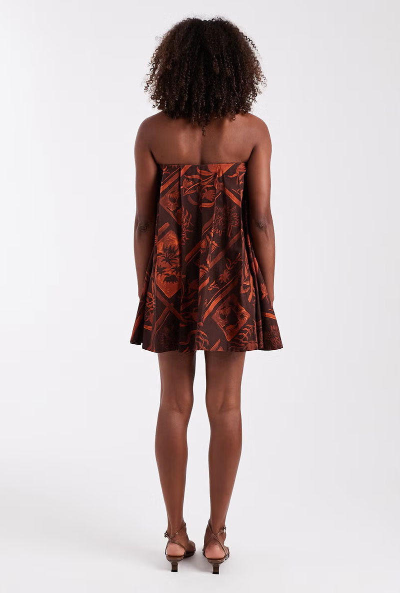 Back image of a model wearing Calla bandeau mini dress in rust, by brand Top shop