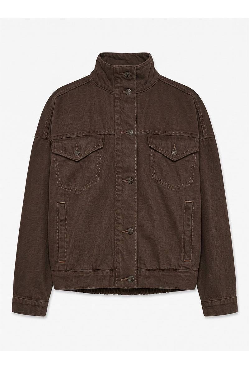 Front image of Freya denim jacket in brown, by brand Top shop