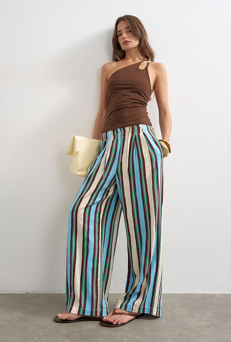 Front image of a model wearing Marta one shoulder top in brown, by brand Top shop