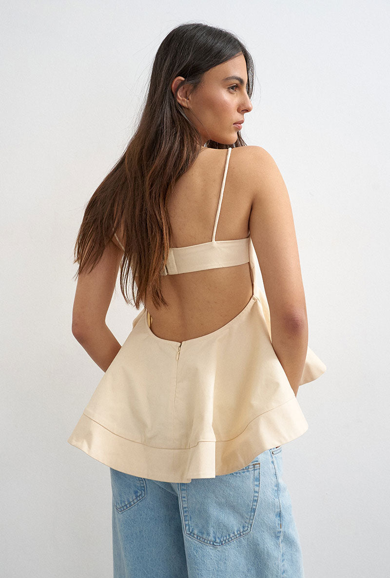 Back image of a model wearing Mina sl top in cream, by brand Top shop