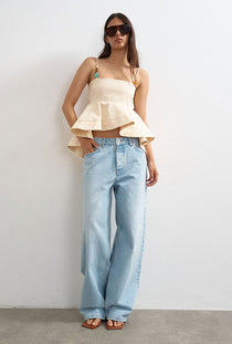 Front image of a model wearing the Mina sl top in cream, by brand Top shop