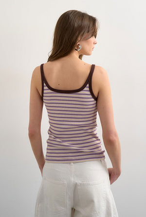 Back image of a model wearing the Molly sl stripe scoop rib vest in purple, by brand Top shop