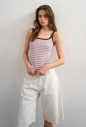 Front image of a model wearing Molly sl stripe scoop rib vest in purple, by brand Top shop