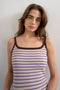 Front image of a model wearing the Molly sl stripe scoop rib vest in purple, by brand Top shop