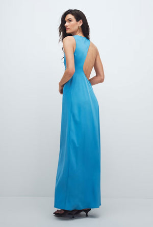 Back image of a model wearing the Nana beaded neck maxi dress in blue, by brand Top shop