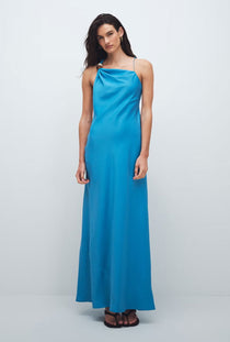 Front image of a model wearing the Nana beaded neck maxi dress in blue, by brand Top shop