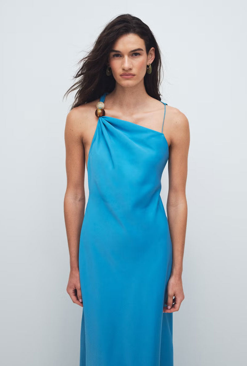 Front image of a model wearing Nana beaded neck maxi dress in blue, by brand Top shop