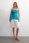 Front image of a model wearing the Rosa tailored bandeau in blue, by brand Top shop