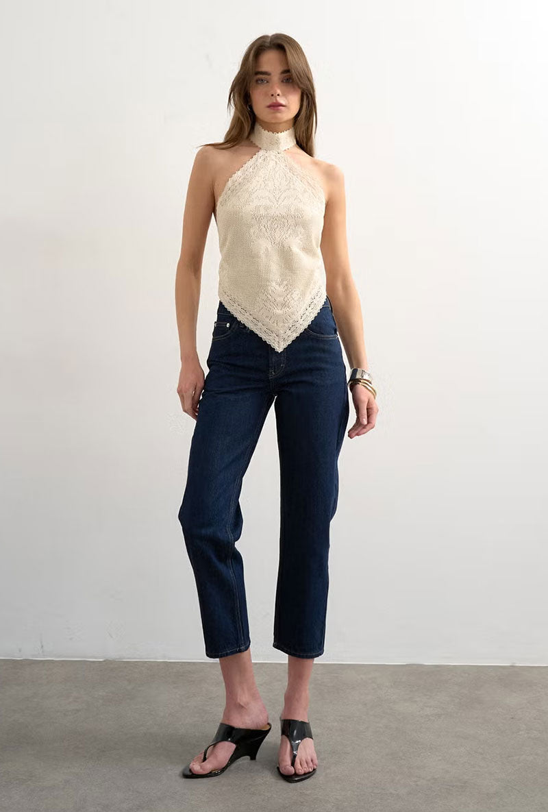 Front image of a model wearing Sia bandana top in beige, by brand Top shop