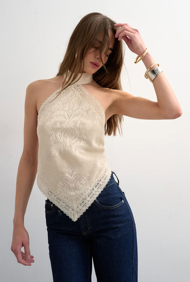 Front image of a model wearing Sia bandana top in beige, by brand Top shop