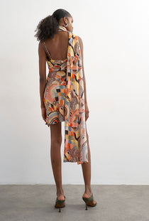 Back image of a model wearing the Viva draped scarf mini dress in multi, by brand Top shop