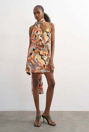 Front image of a model wearing Viva draped scarf mini dress in multi, by brand Top shop
